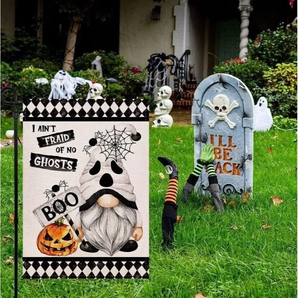 Gnome Halloween Ghost Spider Boo Garden Flag Double Sided 12.5 × 18 Inch